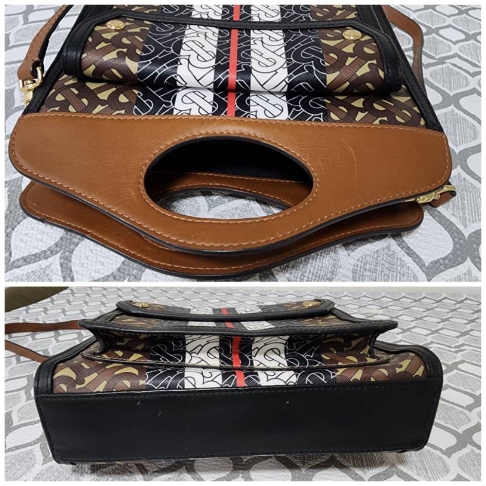 Authentic BURBERRY Pocket Mini Monogram Stripe E-Canvas Shoulder Bag Brown/Black - Picture 10 of 15